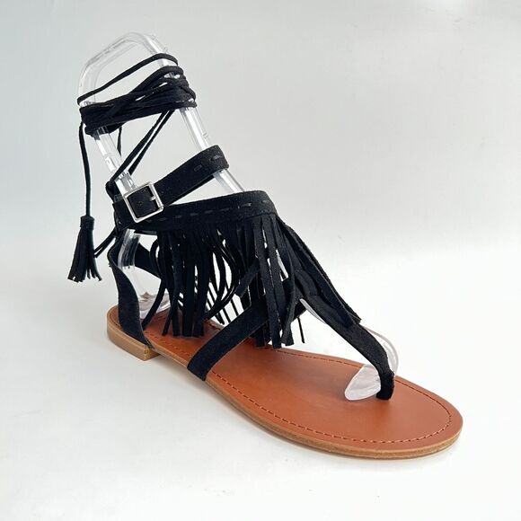 New Forever 21 Fringe Thong Sandals Up Leg Ties Black 6.5 - Picture 11 of 13